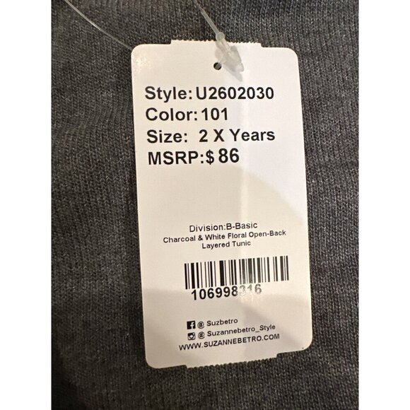 Suzanne Betro Simple Charcoal & White Floral Open-Back Layered Tunic 2X NEW - Picture 3 of 7